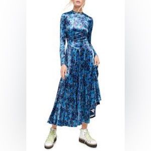 🦋Free People Boho Hippie Blue Floral Velvet Heartland Midi Dress